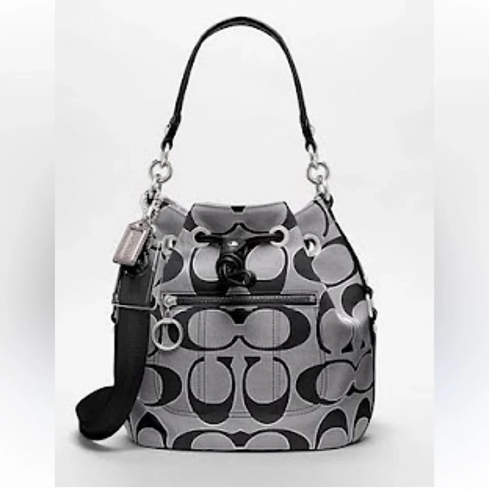 Coach Poppy Metallic Cinch Bucket Bag Black Gray Shoulder Crossbody Bag 17930